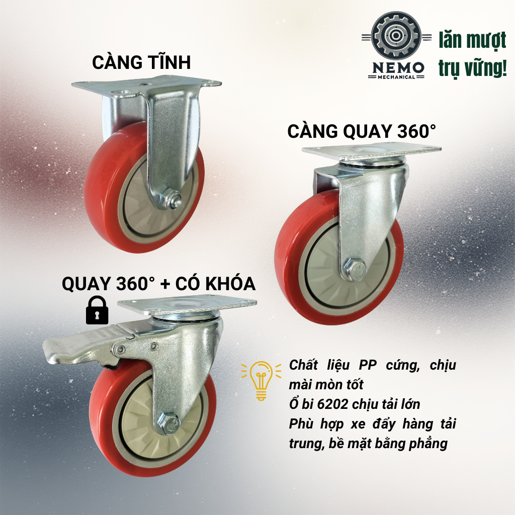 Bánh Xe PP Đỏ Cao Cấp – Nhựa Kỹ Thuật, Ổ Bi 6202 Chịu Tải (D75, D100)
